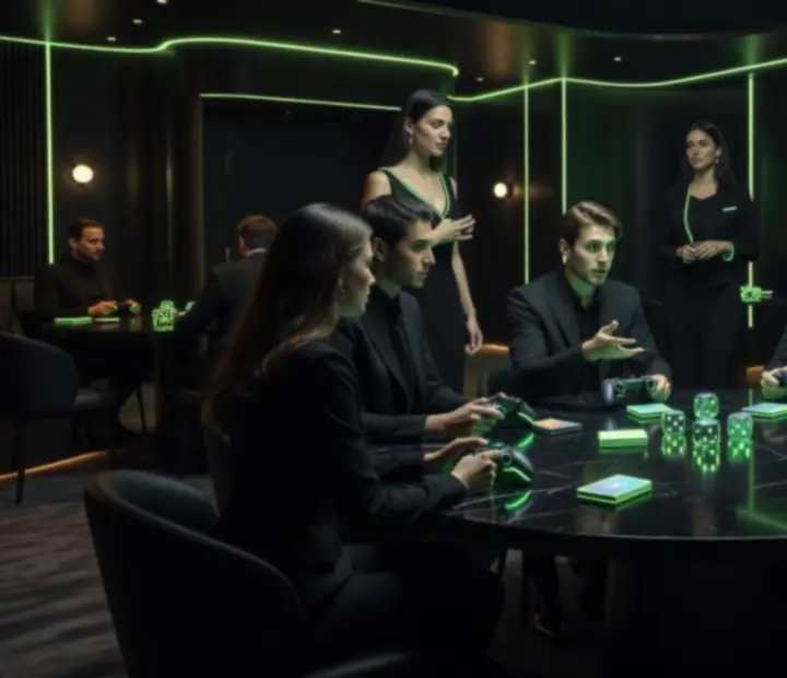 Scénographie d’événement d’entreprise dans une ambiance noire et verte futuriste.