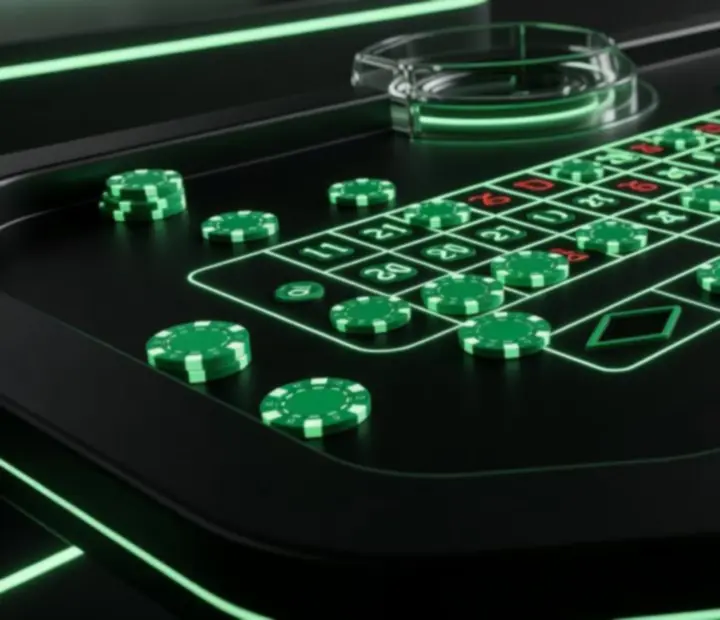 Design futuriste de table roulette Rive Noble avec verre sombre et marquages verts luminescents