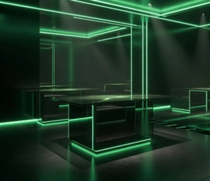 Ambiance lumineuse futuriste avec éclairages verts et mobilier design.