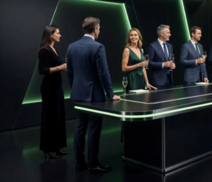 Invités d'un événement d'entreprise rassemblés autour d'une table d'animation lumineuse.
