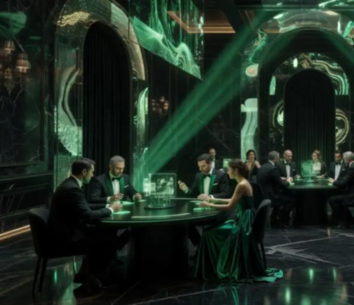 Vue immersive d'un événement Rive Noble avec invités, tables d'animation et éclairages futuristes