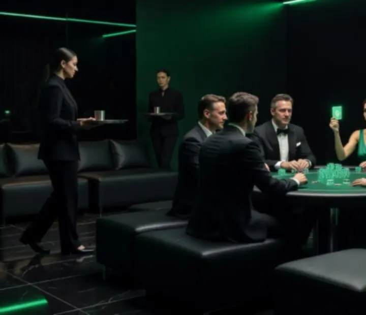 Ambiance lumineuse vert néon d'une soirée poker futuriste