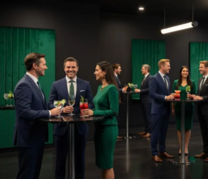 Invités d’entreprise échangeant lors d’un cocktail avec animations de tables lumineuses.